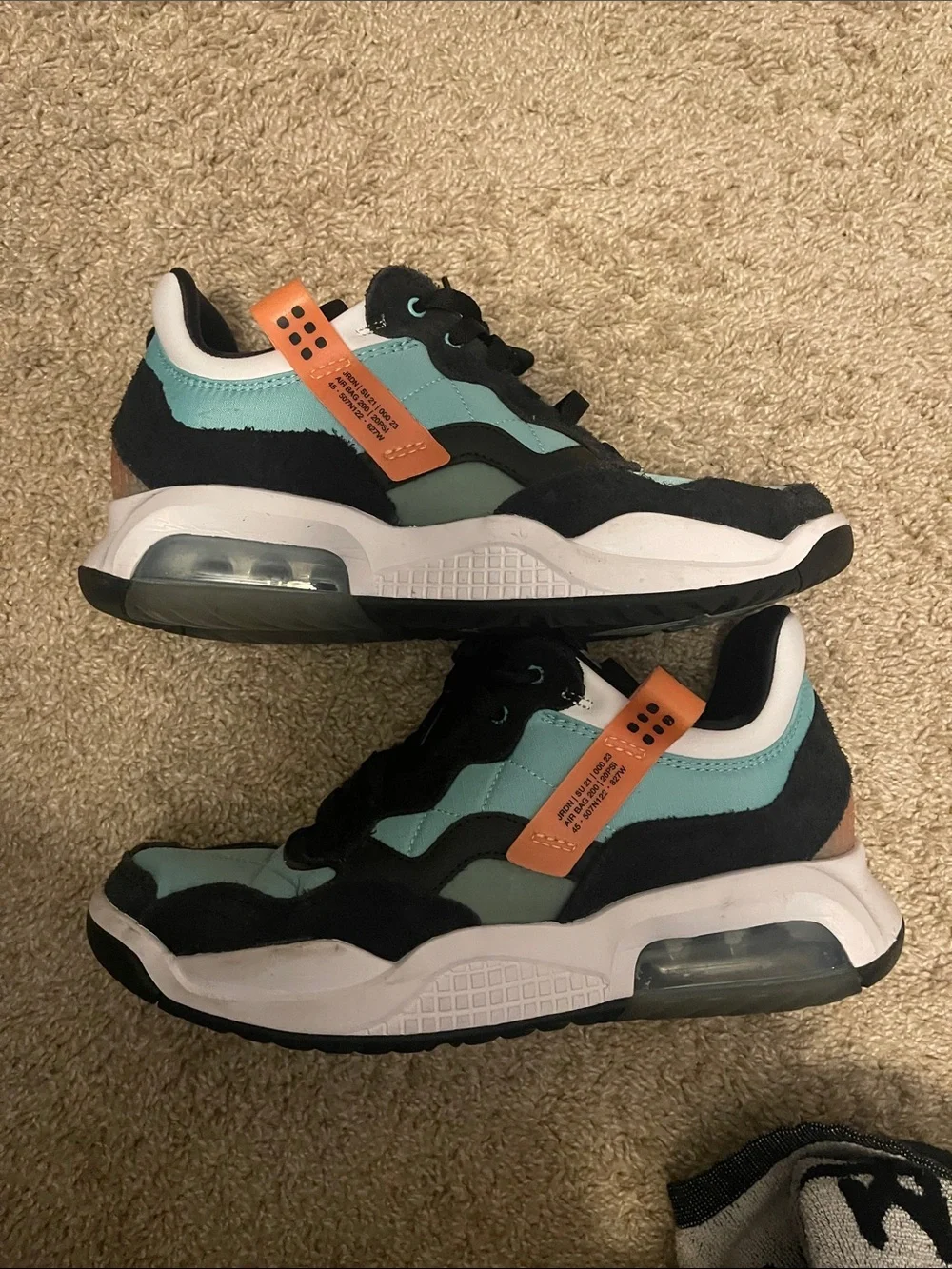 Jordan Men's Sneakers in Teal, Black & White with Orange Tag